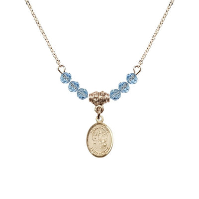 Holy Family 14kt Gold-filled Charm Beaded Necklace with 18" Gold-plated Chain in 4mm Austrian Crystal Aqua Beads, Bliss Manufacturing