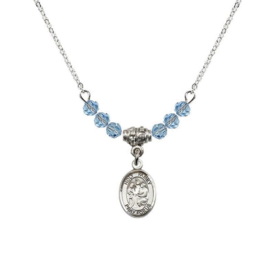Holy Family Sterling Silver Charm Beaded Necklace with 18" Plated Chain in 4mm Austrian Crystal Aqua Beads, Bliss Manufacturing