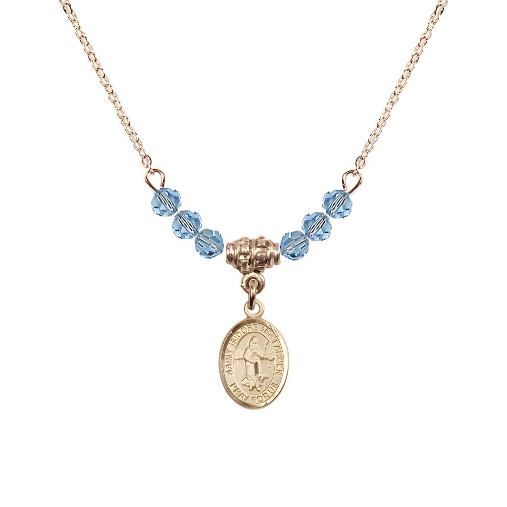 Bliss St. Isidore the Farmer Oval 14kt Gold-filled 4mm Aqua Austrian Crystal Beaded Necklace, Measures 1/2-inch by 1/4-inch, Gift Box.