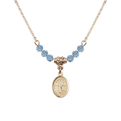St. Isidore the Farmer Oval 14kt Gold-filled 4mm Aqua Austrian Crystal Beaded Necklace, Measures 1/2-inch by 1/4-inch, Gift Box, Bliss Manufacturing