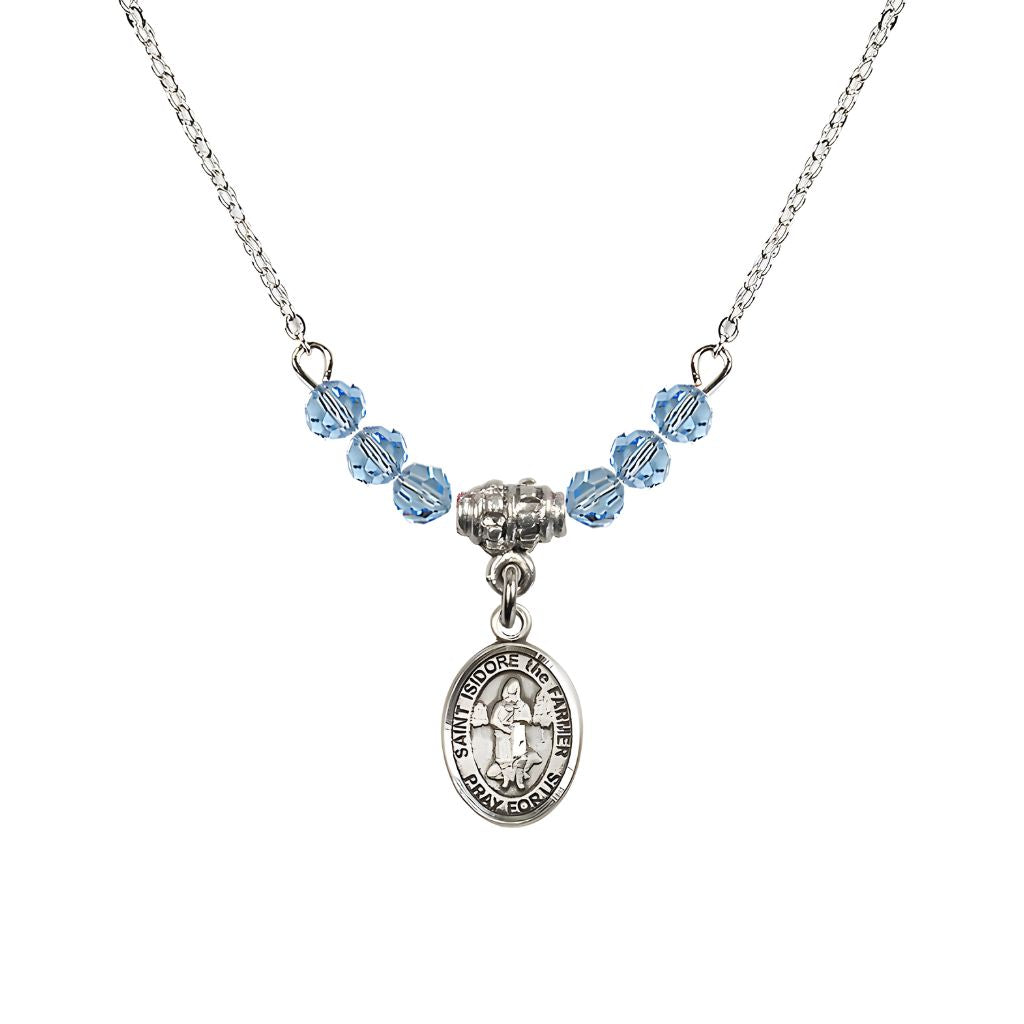 Bliss St. Isidore the Farmer Oval Sterling Silver 4mm Aqua Austrian Crystal Beaded Necklace, Measures 1/2-inch by 1/4-inch, Gift Box.