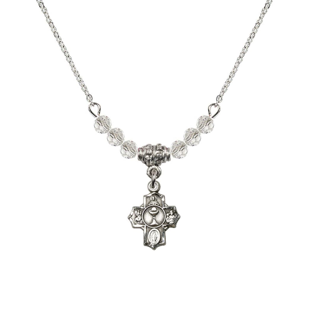 Bliss Pewter Communion 5-Way Cross Crystal Beaded Necklace, Measures 1/2-inch tall by 3/8-inch wide