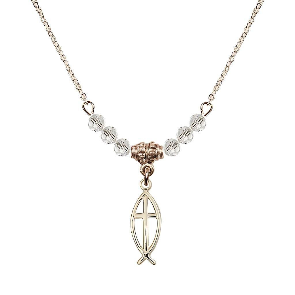 Bliss Fish Cross Gold-filled 4mm Crystal Beaded Necklace with Chain in Clear, Medal Measures 3/4 inch tall by 1/4 inch wide