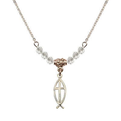 Fish Cross Gold-filled 4mm Crystal Beaded Necklace with Chain in Clear, Medal Measures 3/4 inch tall by 1/4 inch wide, Bliss Manufacturing