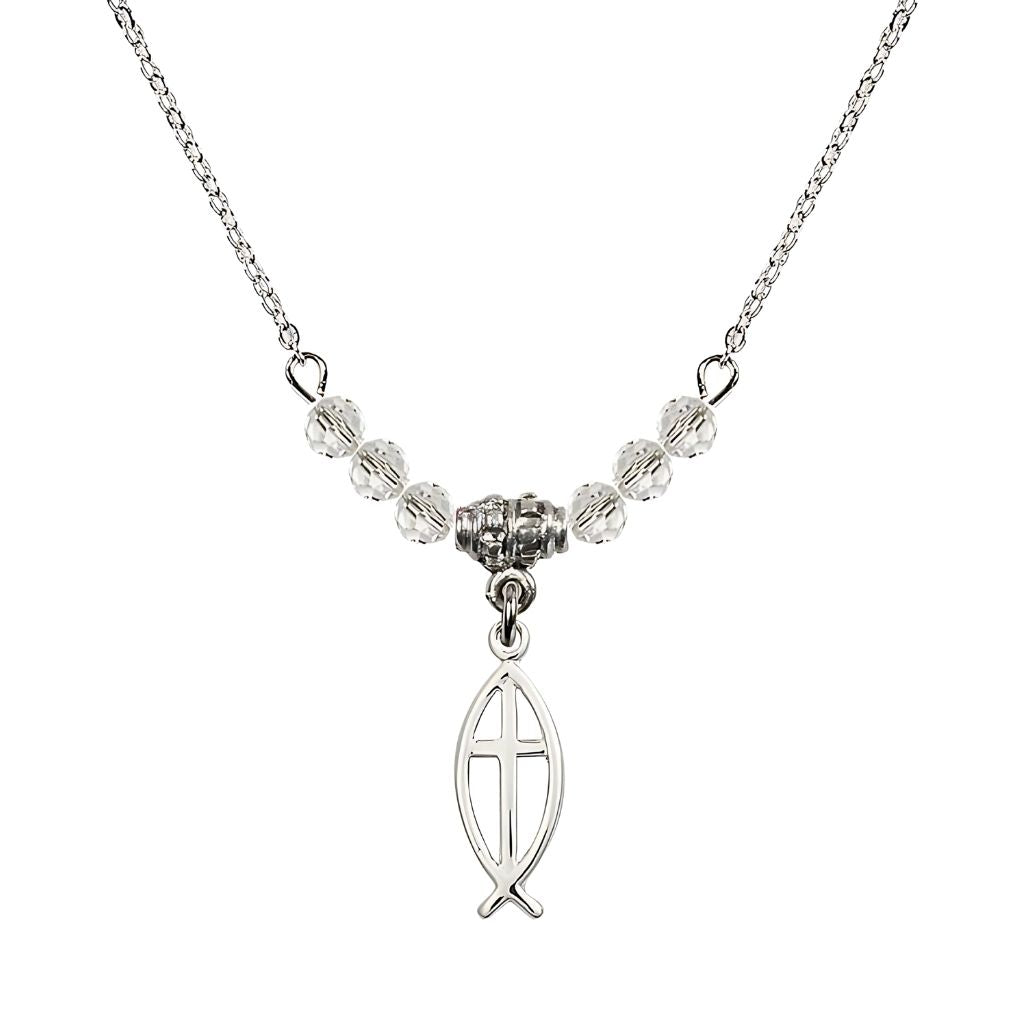 Bliss Fish Cross Crystal Birthstone Necklace with Chain in Clear, 3/4 inch tall by 1/4 inch wide