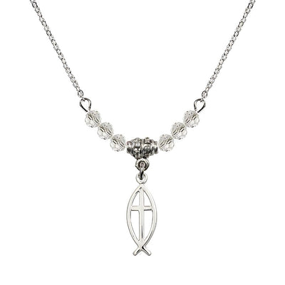 Fish Cross Crystal Birthstone Necklace with Chain in Clear, 3/4 inch tall by 1/4 inch wide, Bliss Manufacturing
