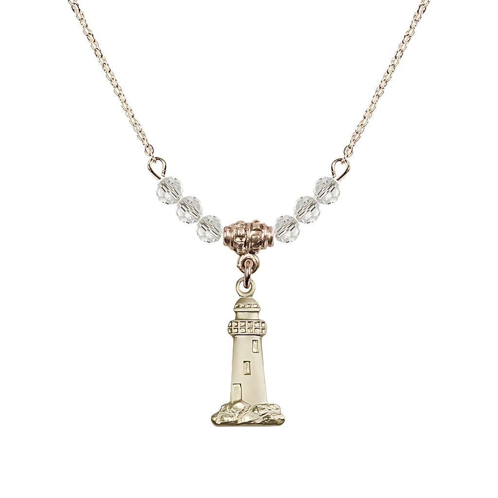 Bliss April-Crystal Gold-filled Lighthouse Beaded Necklace, Medal Measures 3/4-inch tall by 3/8-inch wide