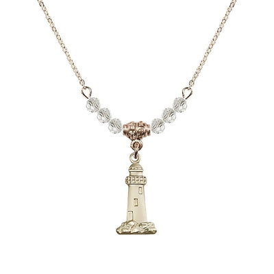 April-Crystal Gold-filled Lighthouse Beaded Necklace, Medal Measures 3/4-inch tall by 3/8-inch wide, Bliss Manufacturing