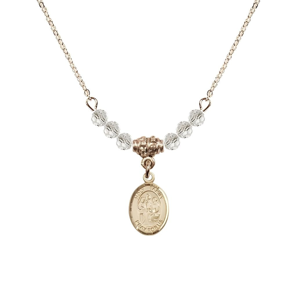 Bliss Holy Family 14kt Gold-filled Charm Beaded Necklace with 18" Gold-plated Chain in 4mm Austrian Crystal Clear Beads