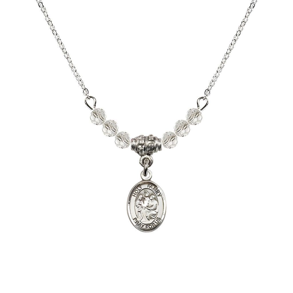 Bliss Holy Family Sterling Silver Charm Beaded Necklace with 18" Plated Chain in 4mm Austrian Crystal Clear Beads