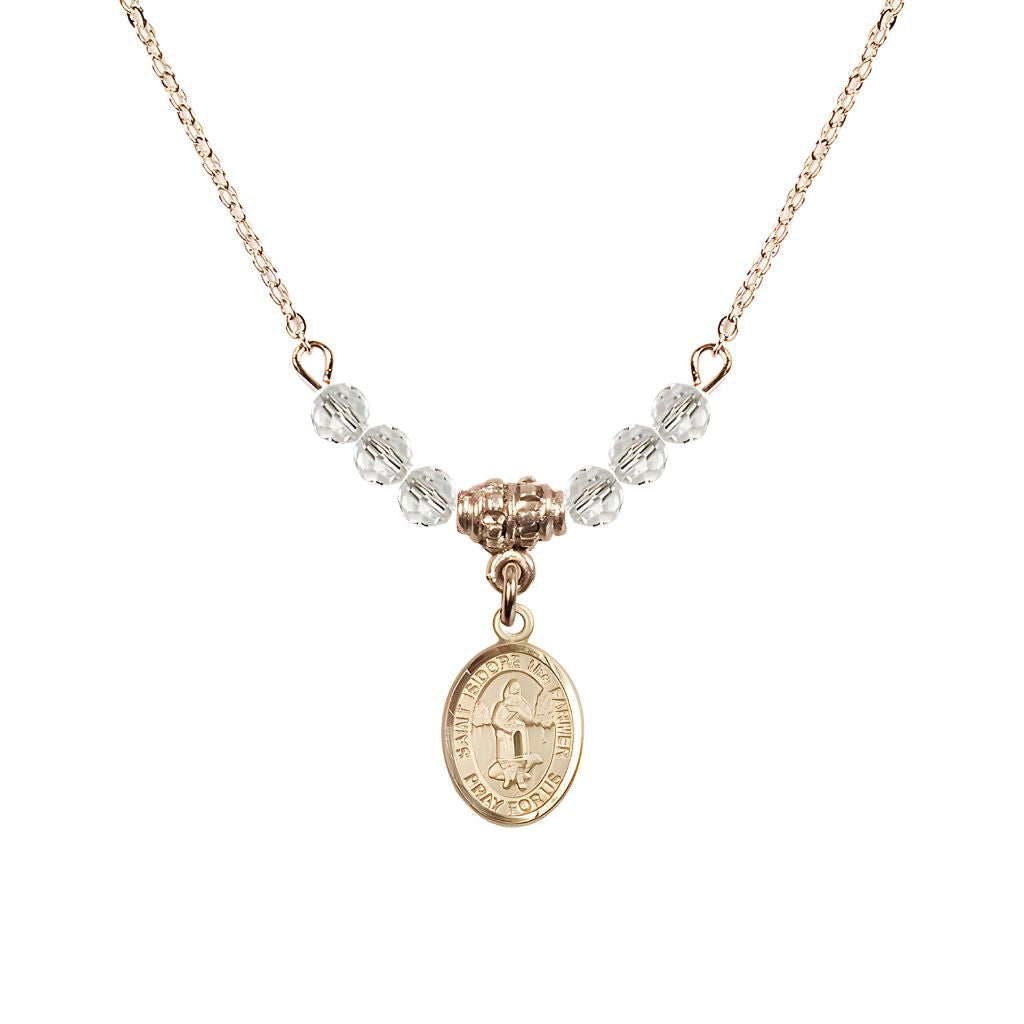 Bliss St. Isidore the Farmer Oval 14kt Gold-filled 4mm Clear Crystal Austrian Crystal Beaded Necklace, Measures 1/2-inch by 1/4-inch, Gift Box.