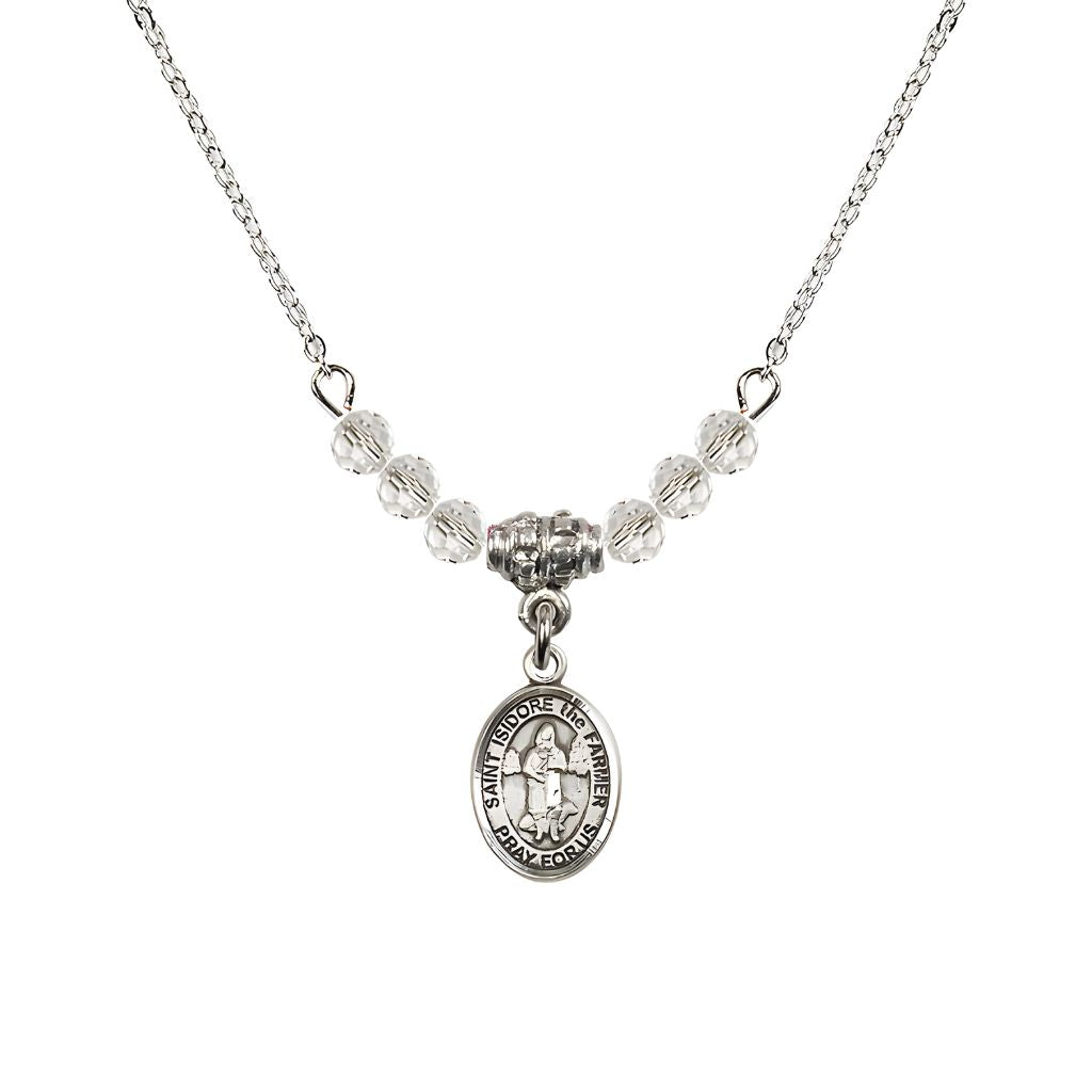 Bliss St. Isidore the Farmer Oval Sterling Silver 4mm Clear Crystal Austrian Crystal Beaded Necklace, Measures 1/2-inch by 1/4-inch, Gift Box.