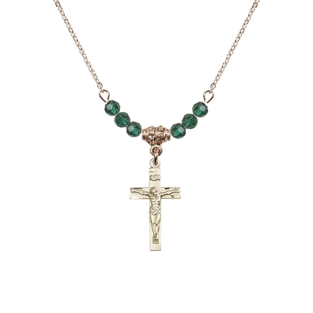 Bliss Gold-plated Holy Communion Crucifix Emerald Beaded Necklace, Measures 1/2-inch tall by 3/8-inch wide