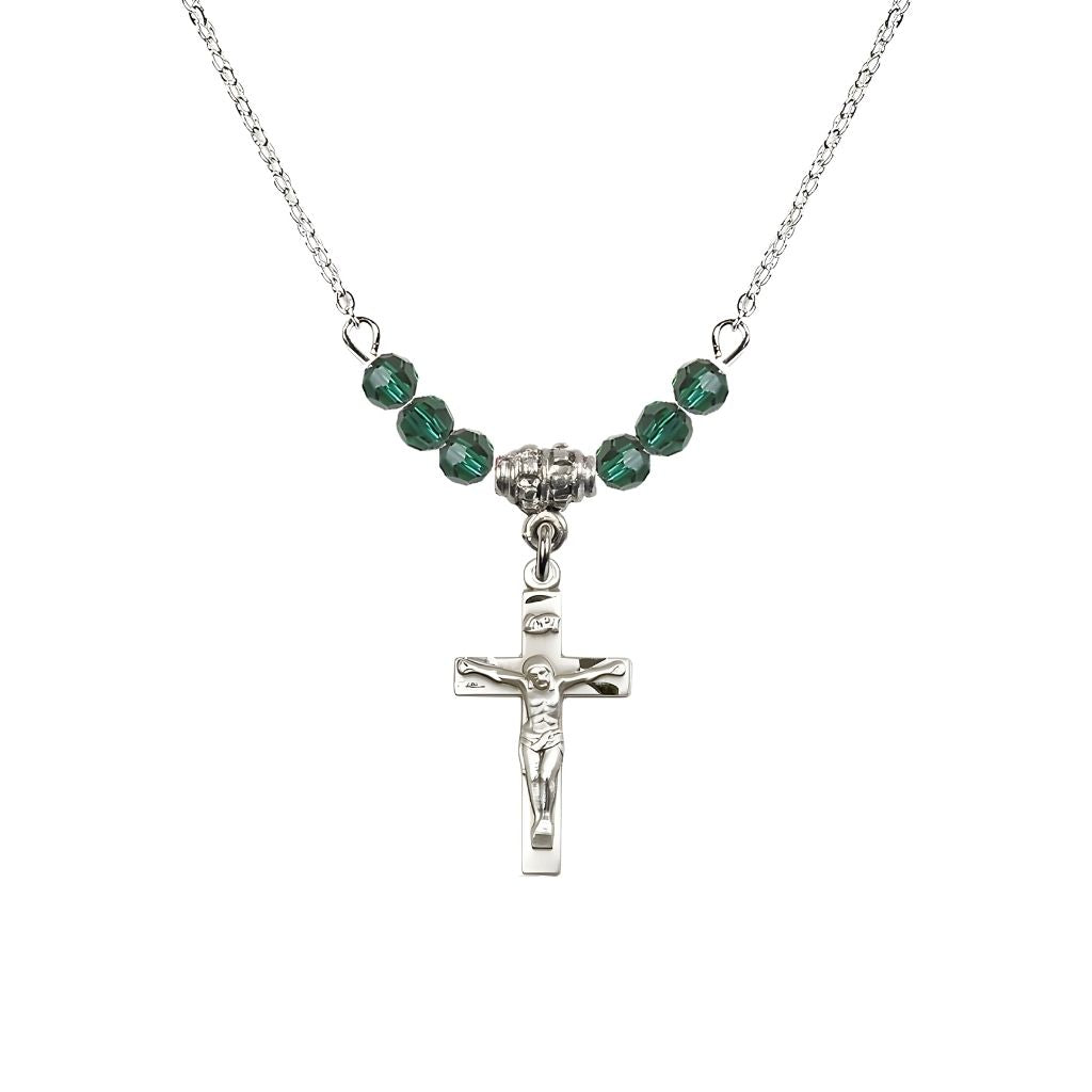 Bliss Pewter Holy Communion Crucifix Emerald Beaded Necklace, Measures 1/2-inch tall by 3/8-inch wide