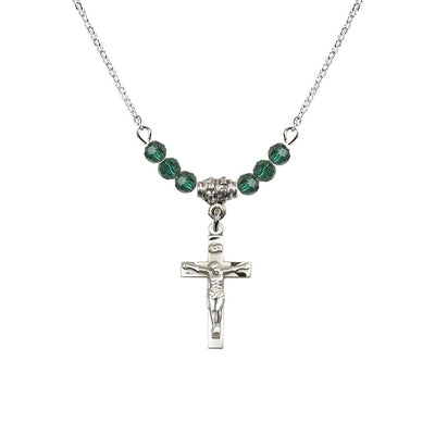 Pewter Holy Communion Crucifix Emerald Beaded Necklace, Measures 1/2-inch tall by 3/8-inch wide, Bliss Manufacturing