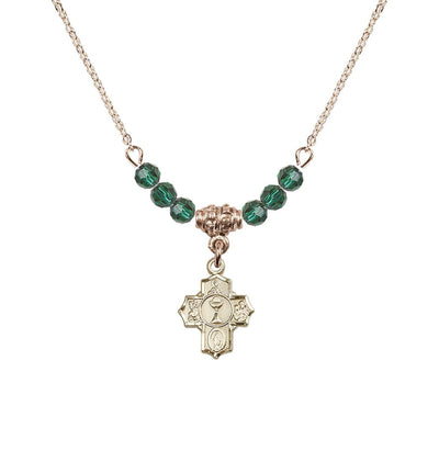 Gold-plated Communion 5-Way Cross Emerald Beaded Necklace, Measures 1/2-inch tall by 3/8-inch wide, Bliss Manufacturing