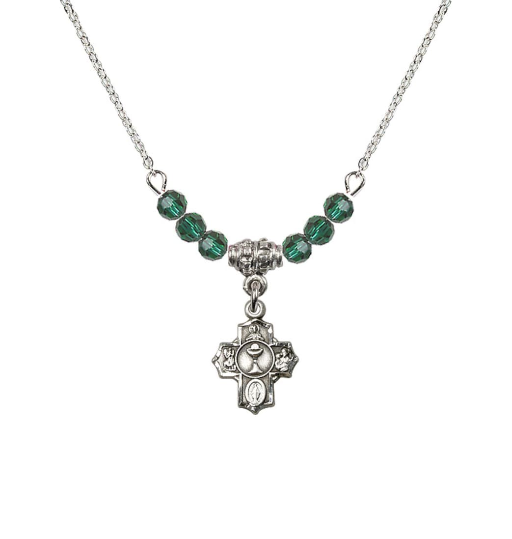 Bliss Pewter Communion 5-Way Cross Emerald Beaded Necklace, Measures 1/2-inch tall by 3/8-inch wide