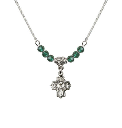 Pewter Communion 5-Way Cross Emerald Beaded Necklace, Measures 1/2-inch tall by 3/8-inch wide, Bliss Manufacturing