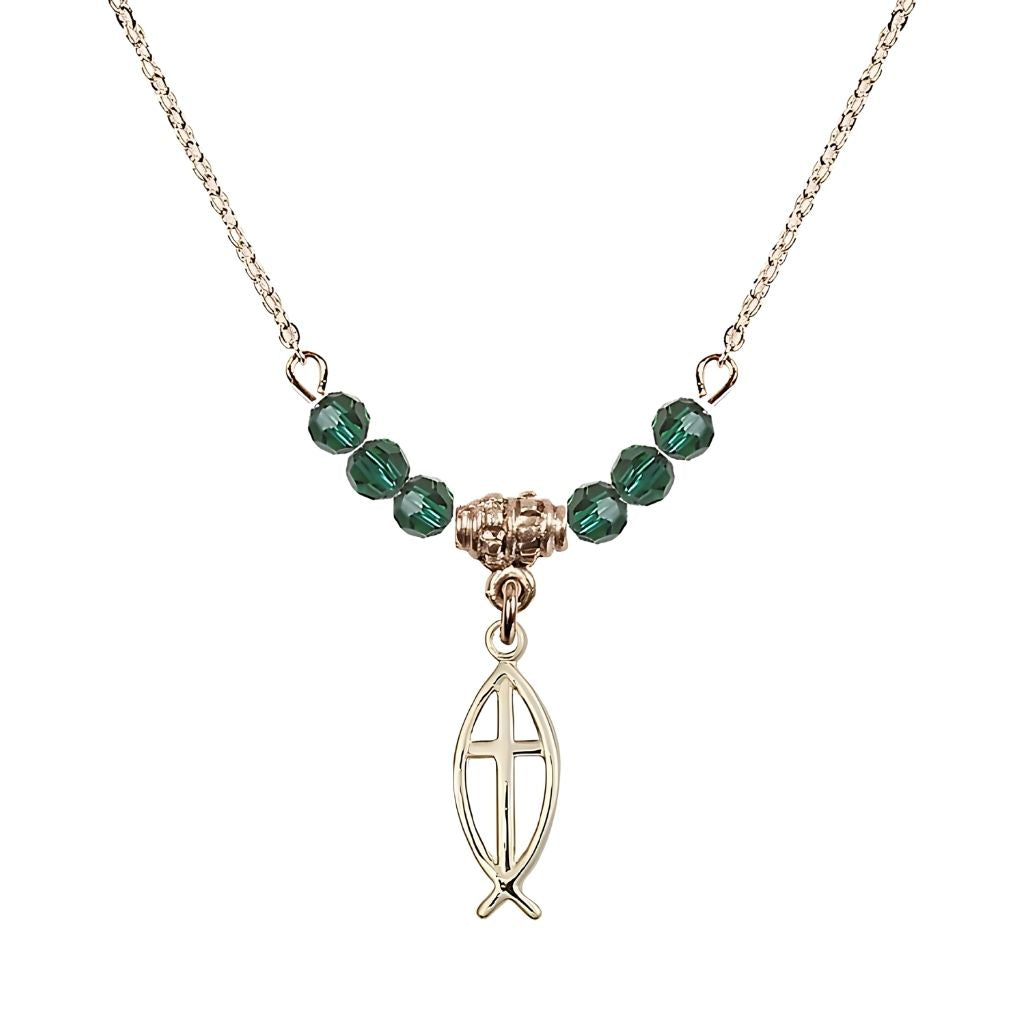Bliss Fish Cross Gold-filled 4mm Crystal Beaded Necklace with Chain in Emerald, Medal Measures 3/4 inch tall by 1/4 inch wide