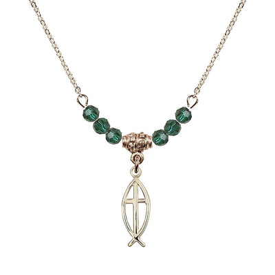 Fish Cross Gold-filled 4mm Crystal Beaded Necklace with Chain in Emerald, Medal Measures 3/4 inch tall by 1/4 inch wide, Bliss Manufacturing