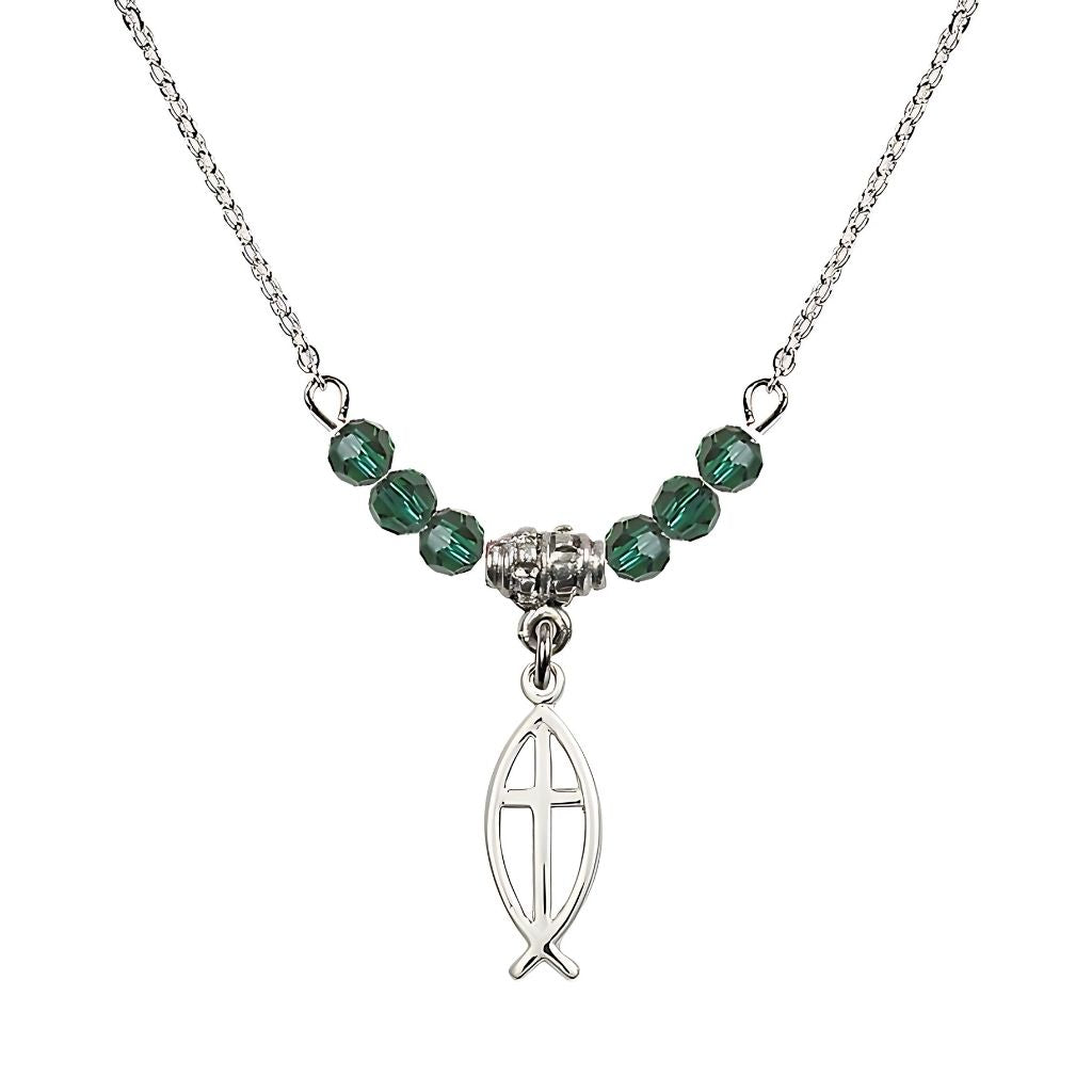 Bliss Fish Cross Crystal Birthstone Necklace with Chain in Emerald, 3/4 inch tall by 1/4 inch wide