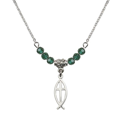 Fish Cross Crystal Birthstone Necklace with Chain in Emerald, 3/4 inch tall by 1/4 inch wide, Bliss Manufacturing