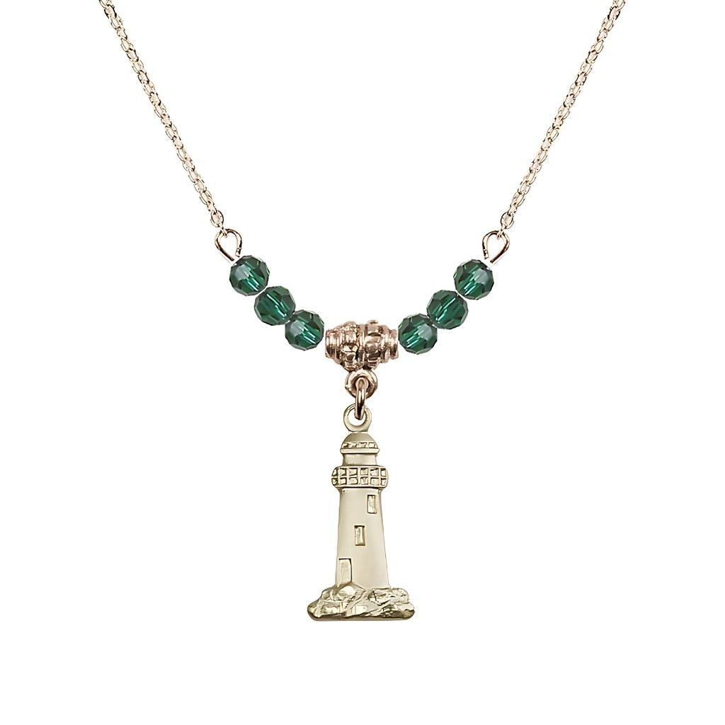 Bliss May-Emerald Gold-filled Lighthouse Beaded Necklace, Medal Measures 3/4-inch tall by 3/8-inch wide