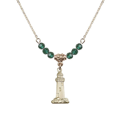 May-Emerald Gold-filled Lighthouse Beaded Necklace, Medal Measures 3/4-inch tall by 3/8-inch wide, Bliss Manufacturing