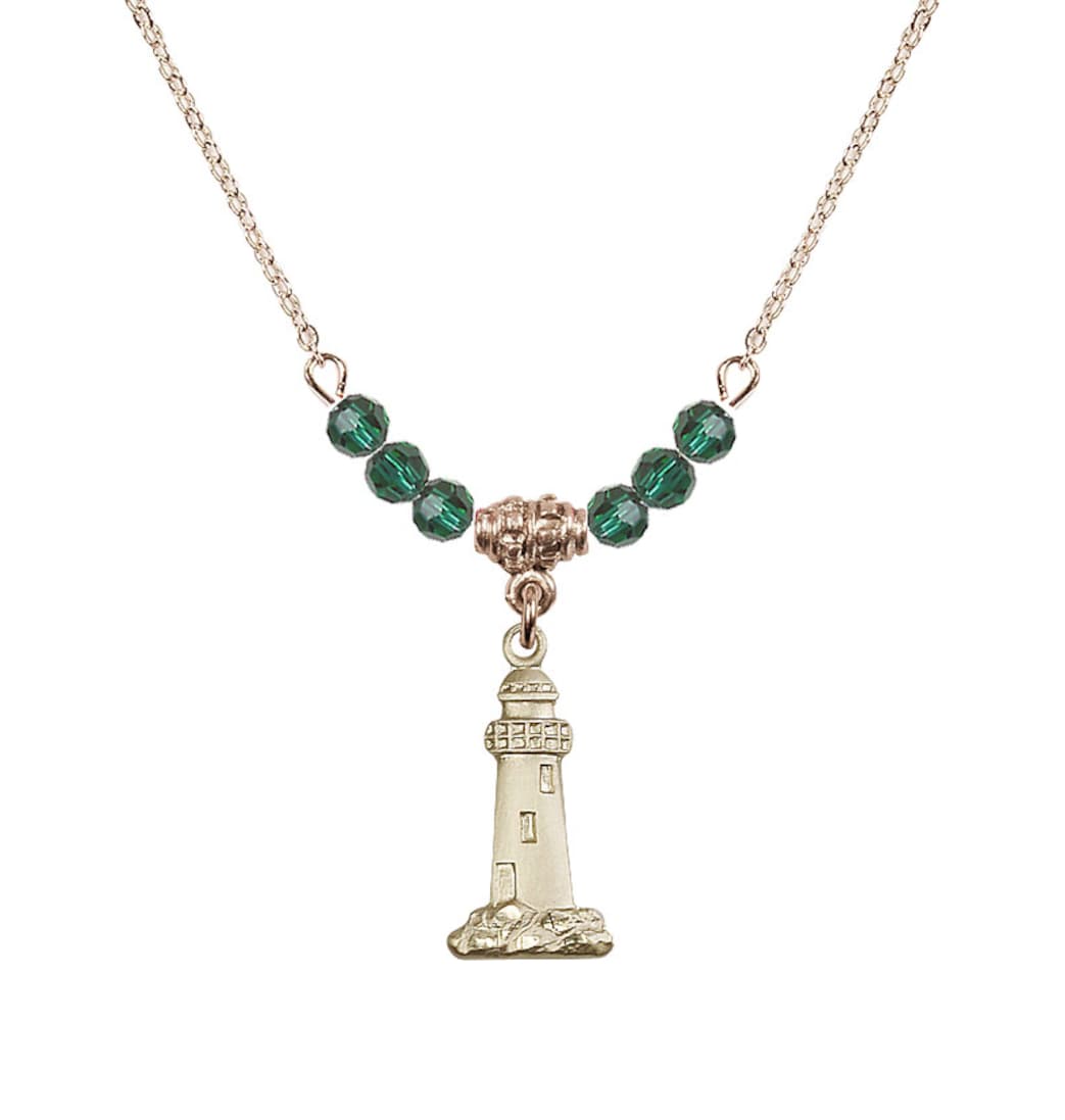 Bliss May-Emerald Gold-filled Lighthouse Beaded Necklace,