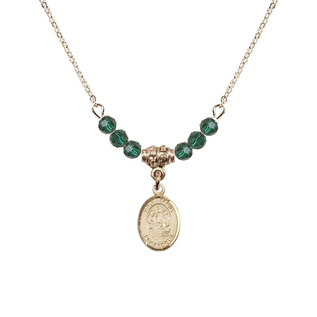 Bliss Holy Family 14kt Gold-filled Charm Beaded Necklace with 18" Gold-plated Chain in 4mm Austrian Crystal Emerald Beads