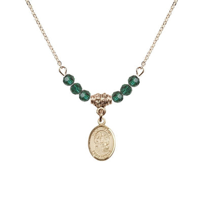 Holy Family 14kt Gold-filled Charm Beaded Necklace with 18" Gold-plated Chain in 4mm Austrian Crystal Emerald Beads, Bliss Manufacturing