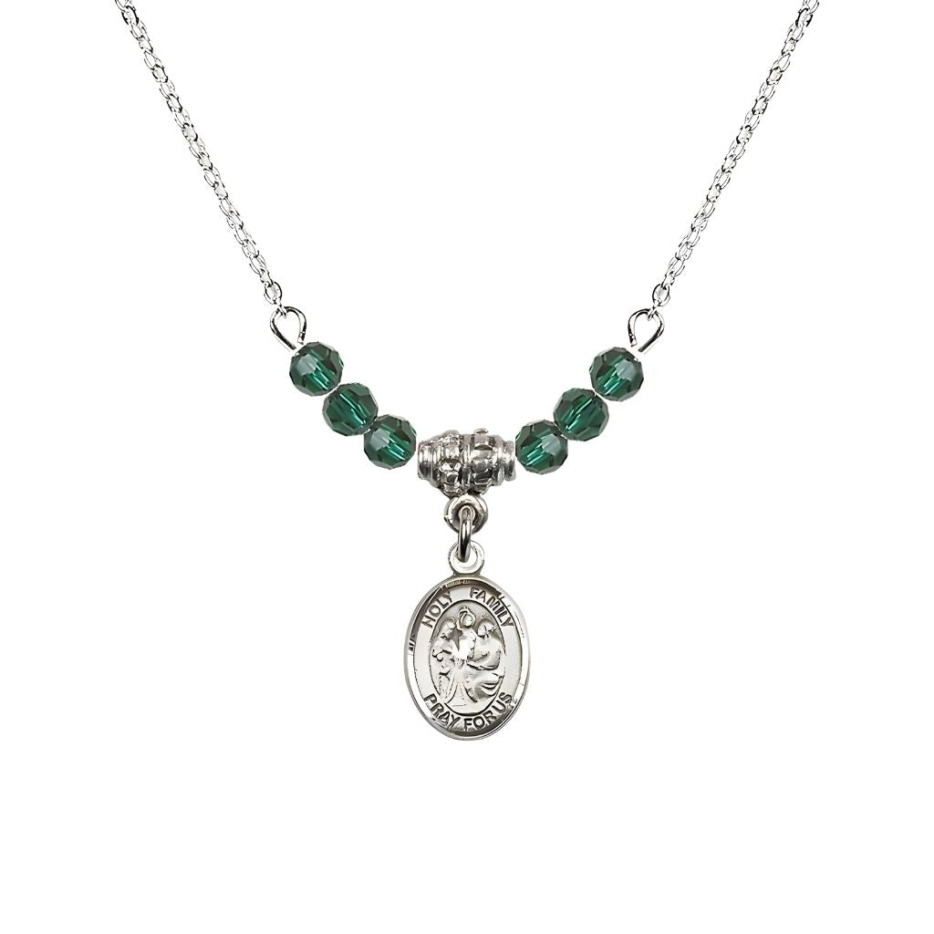 Bliss Holy Family Sterling Silver Charm Beaded Necklace with 18" Plated Chain in 4mm Austrian Crystal Emerald Beads
