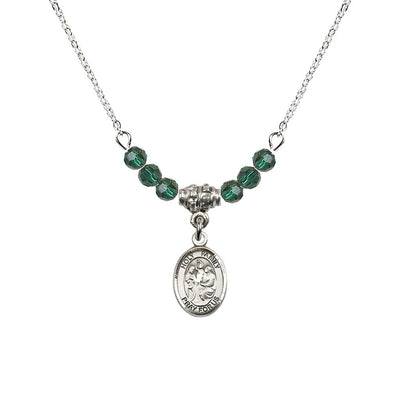 Holy Family Sterling Silver Charm Beaded Necklace with 18" Plated Chain in 4mm Austrian Crystal Emerald Beads, Bliss Manufacturing