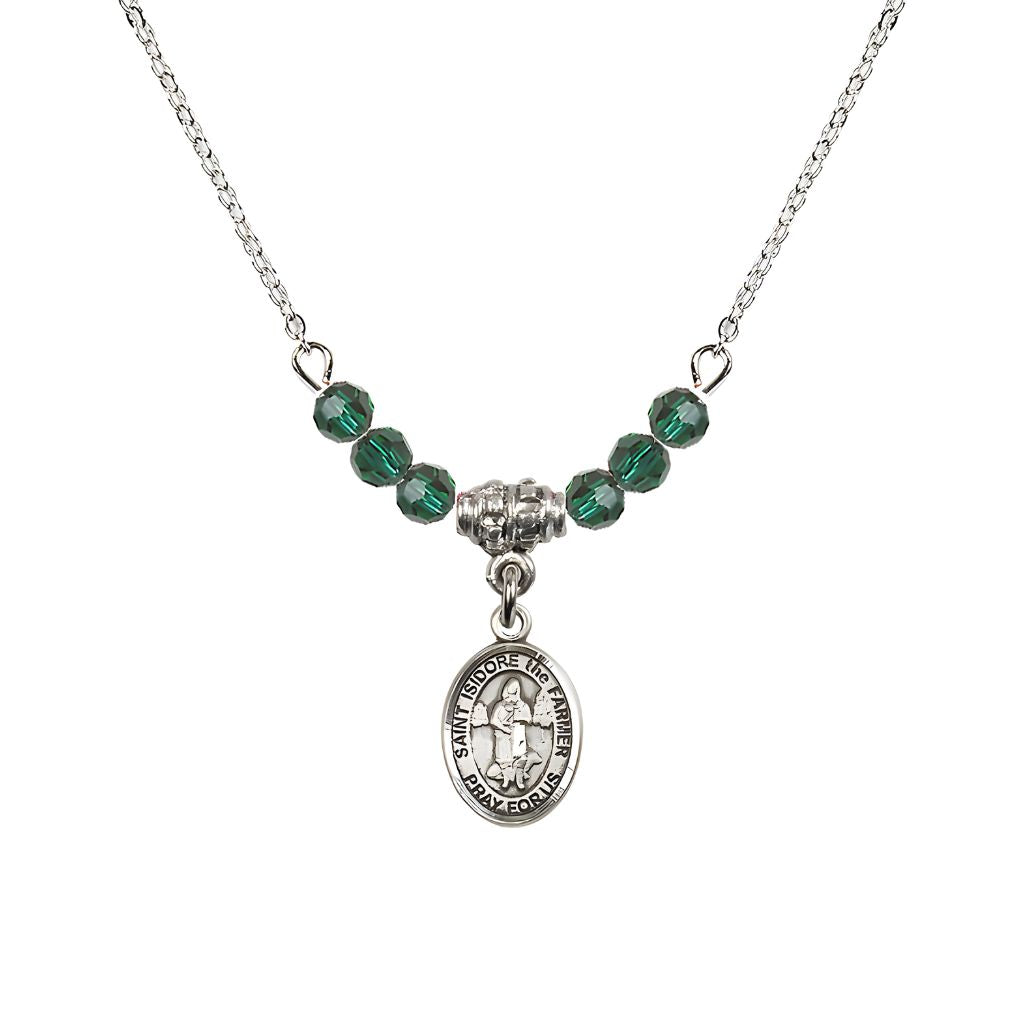 Bliss St. Isidore the Farmer Oval Sterling Silver 4mm Emerald Austrian Crystal Beaded Necklace, Measures 1/2-inch by 1/4-inch, Gift Box.