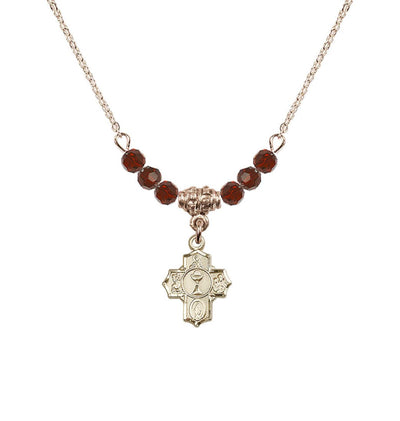 Gold-plated Communion 5-Way Cross Garnet Beaded Necklace, Measures 1/2-inch tall by 3/8-inch wide, Bliss Manufacturing