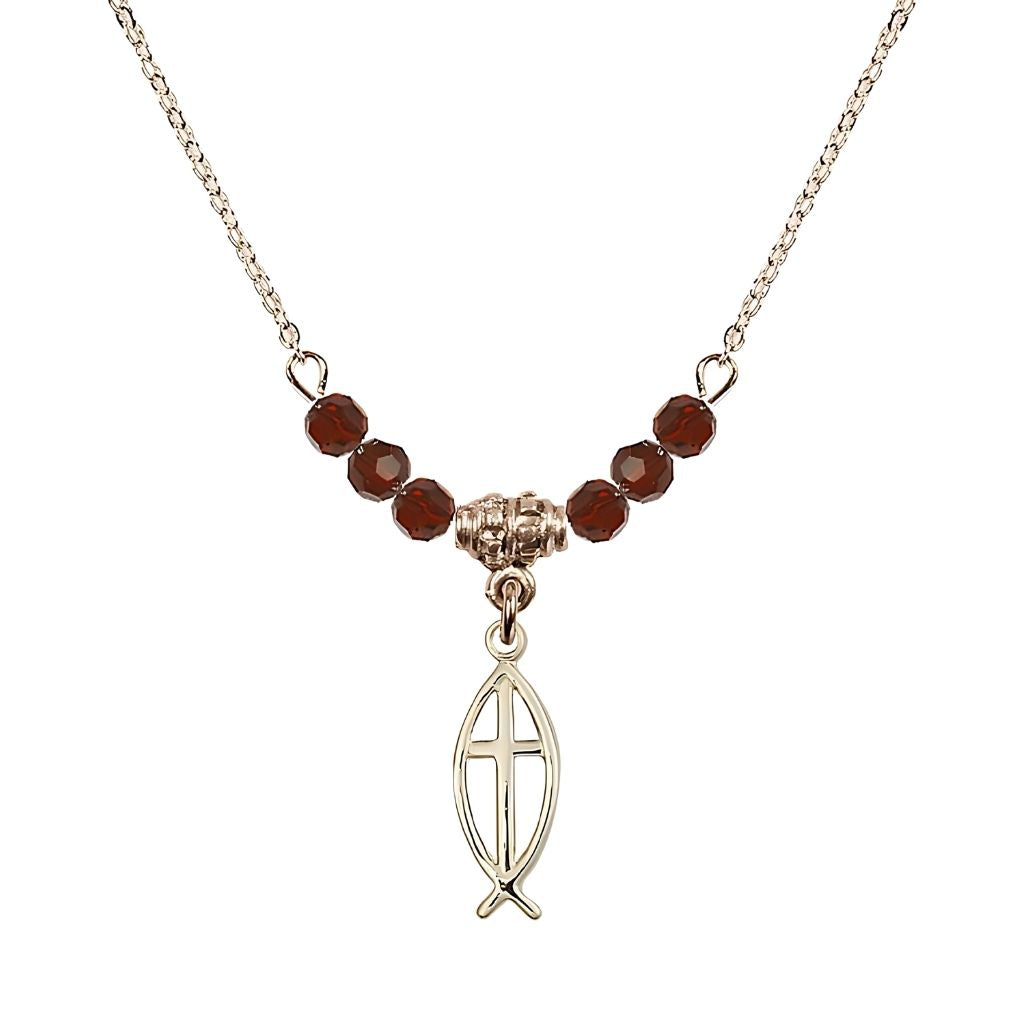 Bliss Fish Cross Gold-filled 4mm Crystal Beaded Necklace with Chain in Garnet, Medal Measures 3/4 inch tall by 1/4 inch wide