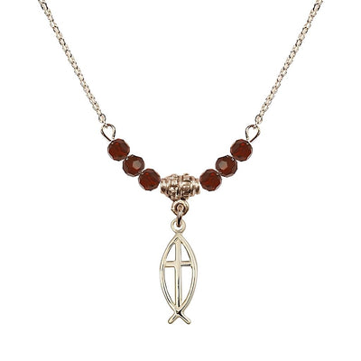 Fish Cross Gold-filled 4mm Crystal Beaded Necklace with Chain in Garnet, Medal Measures 3/4 inch tall by 1/4 inch wide, Bliss Manufacturing