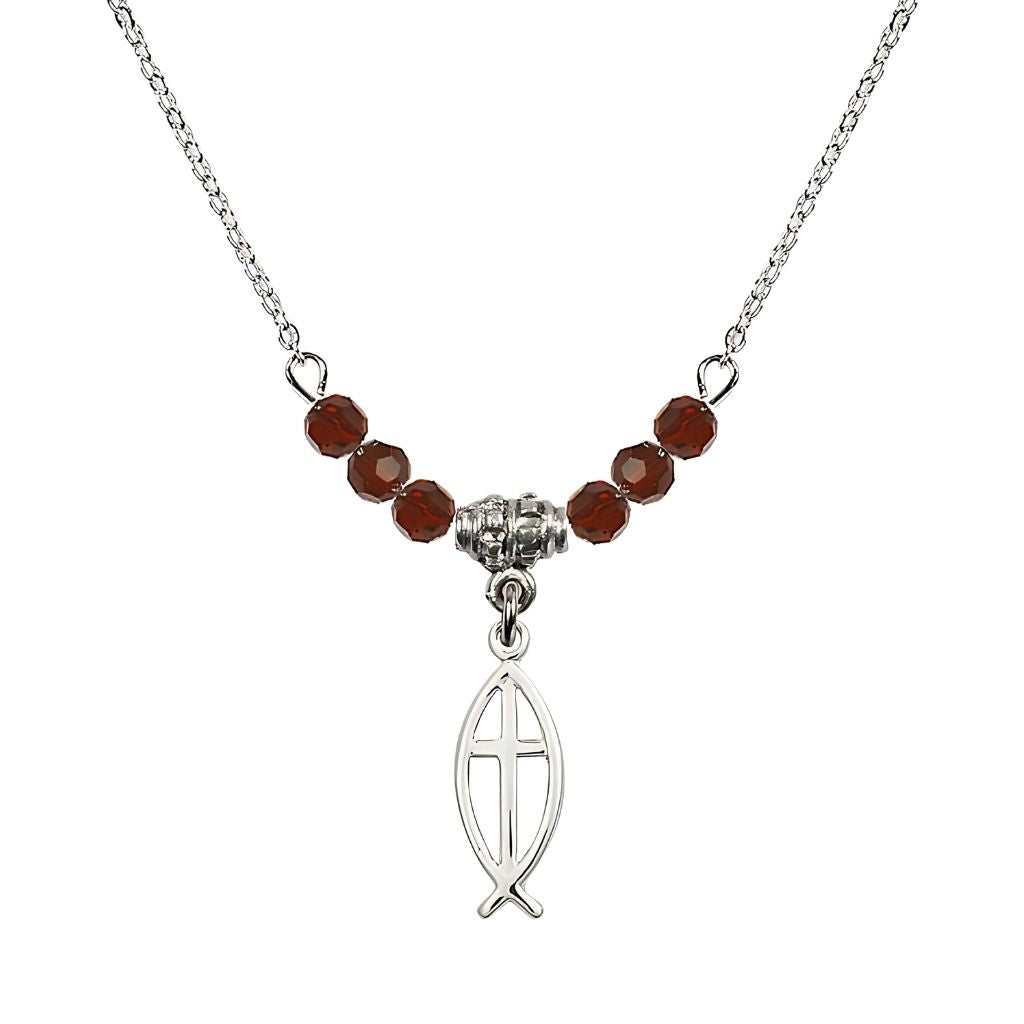 Bliss Fish Cross Crystal Birthstone Necklace with Chain in Garnet, 3/4 inch tall by 1/4 inch wide