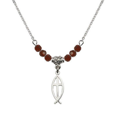 Fish Cross Crystal Birthstone Necklace with Chain in Garnet, 3/4 inch tall by 1/4 inch wide, Bliss Manufacturing