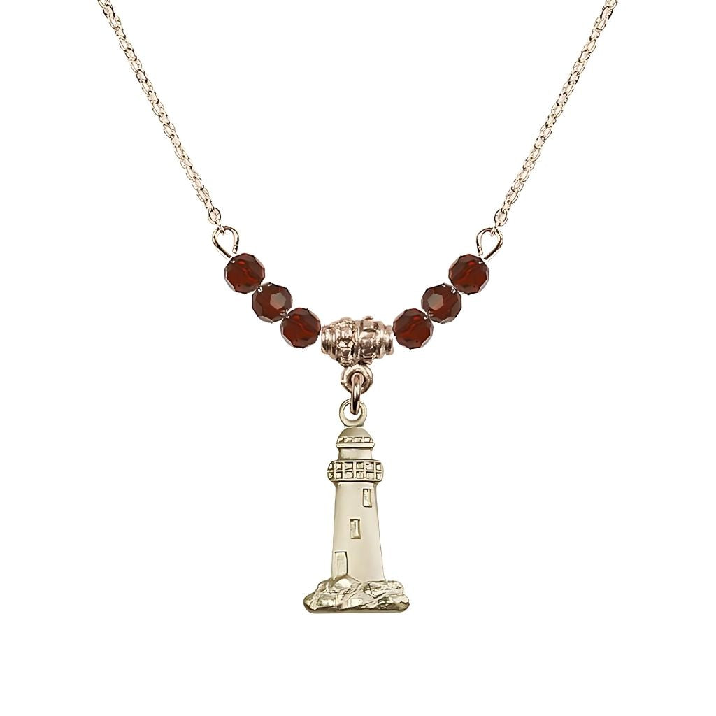 Bliss January-Garnet Gold-filled Lighthouse Beaded Necklace, Medal Measures 3/4-inch tall by 3/8-inch wide