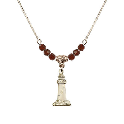 January-Garnet Gold-filled Lighthouse Beaded Necklace, Medal Measures 3/4-inch tall by 3/8-inch wide, Bliss Manufacturing