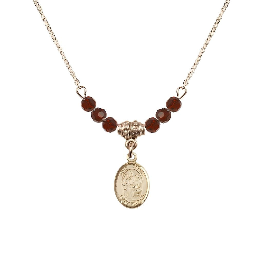 Bliss Holy Family 14kt Gold-filled Charm Beaded Necklace with 18" Gold-plated Chain in 4mm Austrian Crystal Garnet Beads