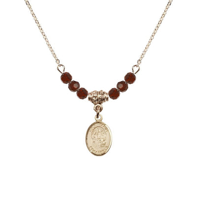 Holy Family 14kt Gold-filled Charm Beaded Necklace with 18" Gold-plated Chain in 4mm Austrian Crystal Garnet Beads, Bliss Manufacturing