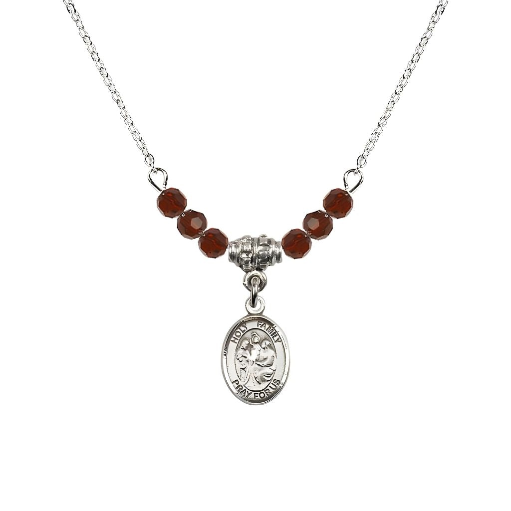 Bliss Holy Family Sterling Silver Charm Beaded Necklace with 18" Plated Chain in 4mm Austrian Crystal Garnet Beads