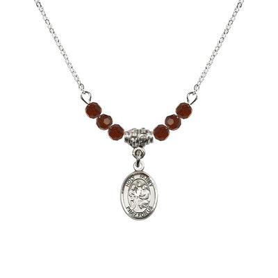 Holy Family Sterling Silver Charm Beaded Necklace with 18" Plated Chain in 4mm Austrian Crystal Garnet Beads, Bliss Manufacturing