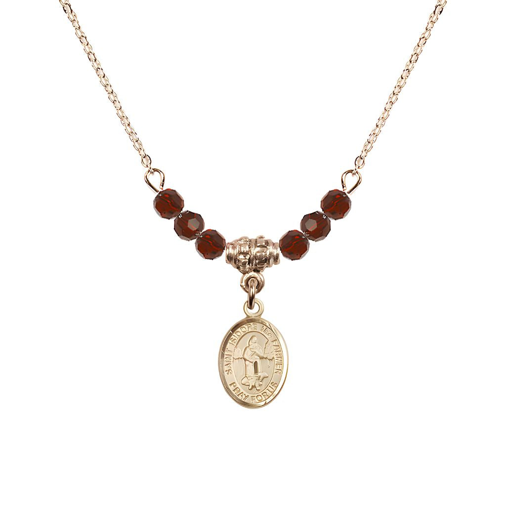 Bliss St. Isidore the Farmer Oval 14kt Gold-filled 4mm Garnet Austrian Crystal Beaded Necklace, Measures 1/2-inch by 1/4-inch, Gift Box.