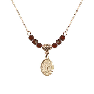 St. Isidore the Farmer Oval 14kt Gold-filled 4mm Garnet Austrian Crystal Beaded Necklace, Measures 1/2-inch by 1/4-inch, Gift Box, Bliss Manufacturing