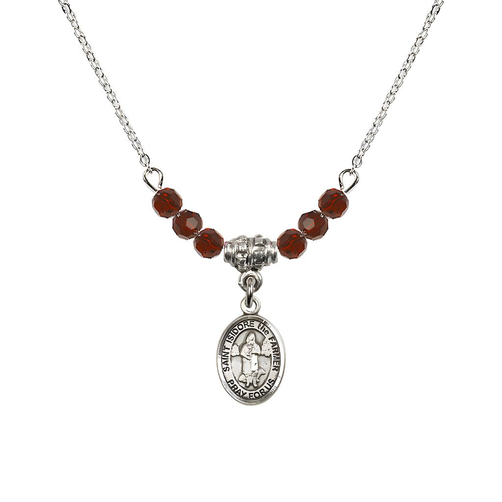Bliss St. Isidore the Farmer Oval Sterling Silver 4mm Garnet Austrian Crystal Beaded Necklace, Measures 1/2-inch by 1/4-inch, Gift Box.