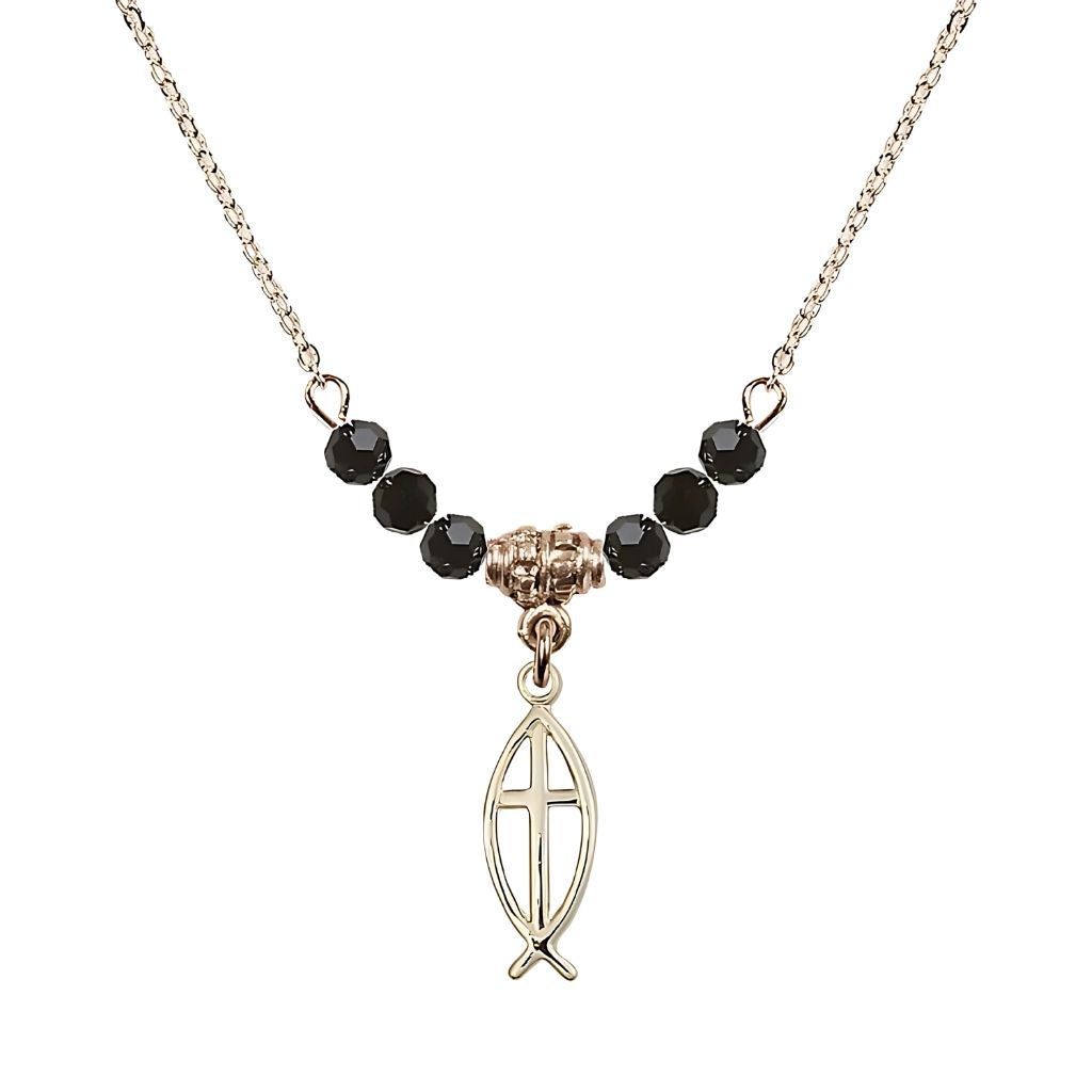 Bliss Fish Cross Gold-filled 4mm Crystal Beaded Necklace with Chain in Jet, Medal Measures 3/4 inch tall by 1/4 inch wide