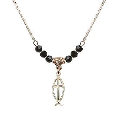 Fish Cross Gold-filled 4mm Crystal Beaded Necklace with Chain in Jet, Medal Measures 3/4 inch tall by 1/4 inch wide, Bliss Manufacturing